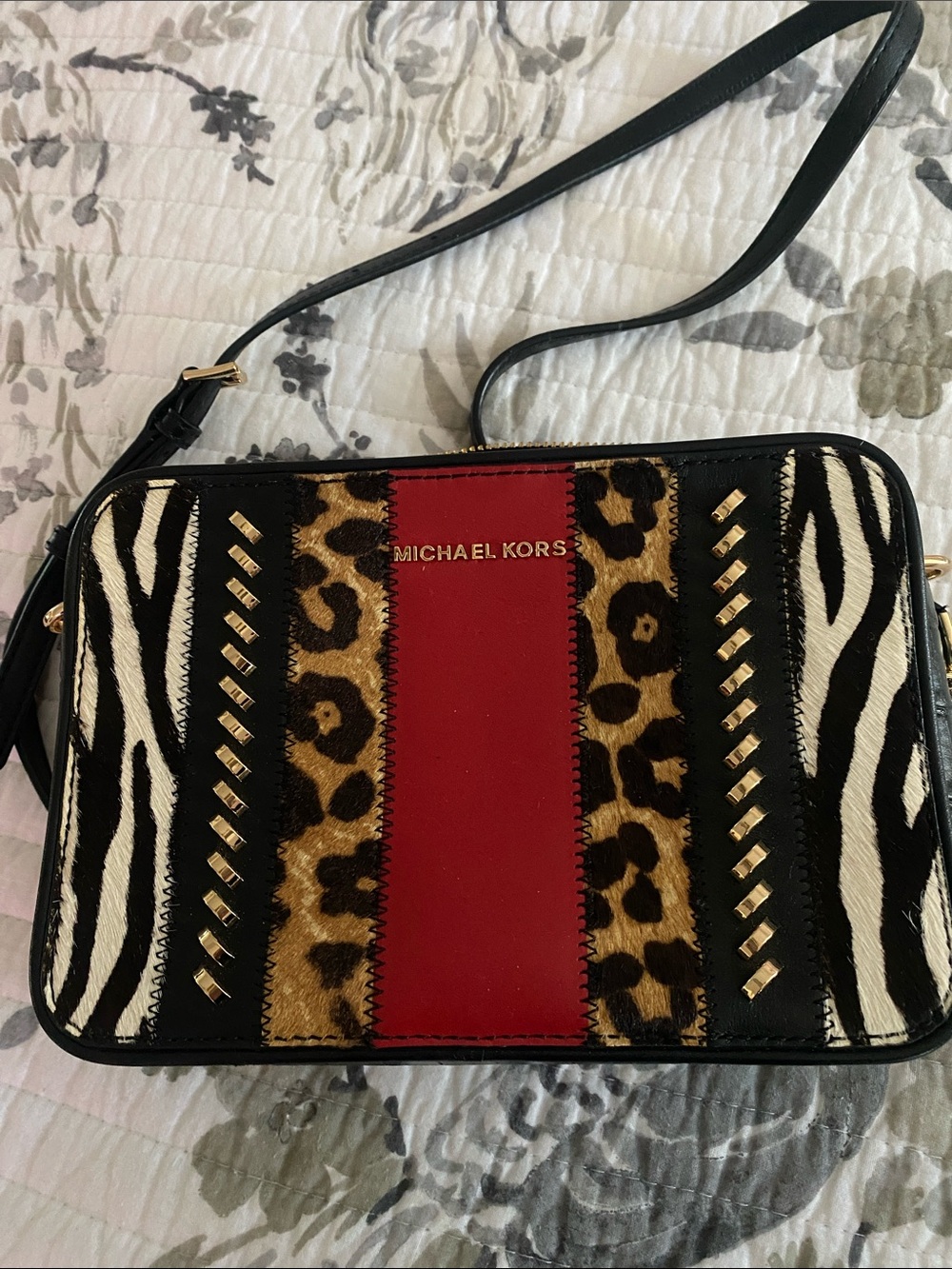 Michael Kors Black Red Leopard-Print Crossbody with Tassel - Picture 2 of 4